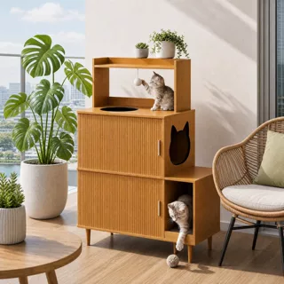 猫砂箱2026 新款猫砂箱家具带滑动门大型 3 层木质猫屋定制出口