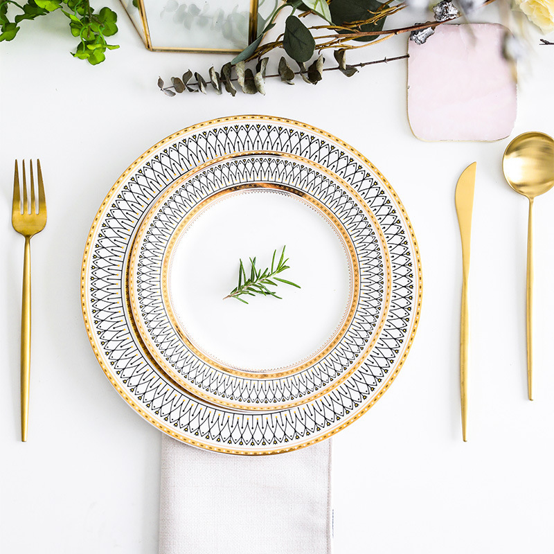Errifan European-style golden bead dot glass plate Western plate steak plate household 8-inch suit small fresh dessert
