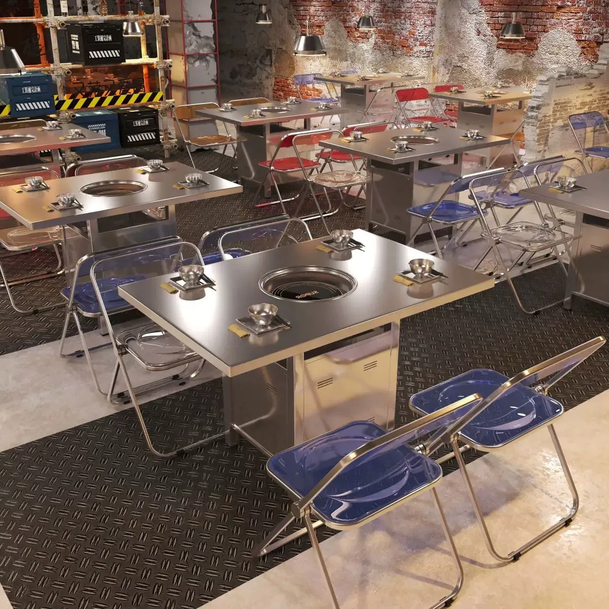 Простой корейский стол для барбекю из нержавеющей стали промышленный горячий горшок индукционная плита интегрирована в коммерческое барбекю для бездымных столов и стульев