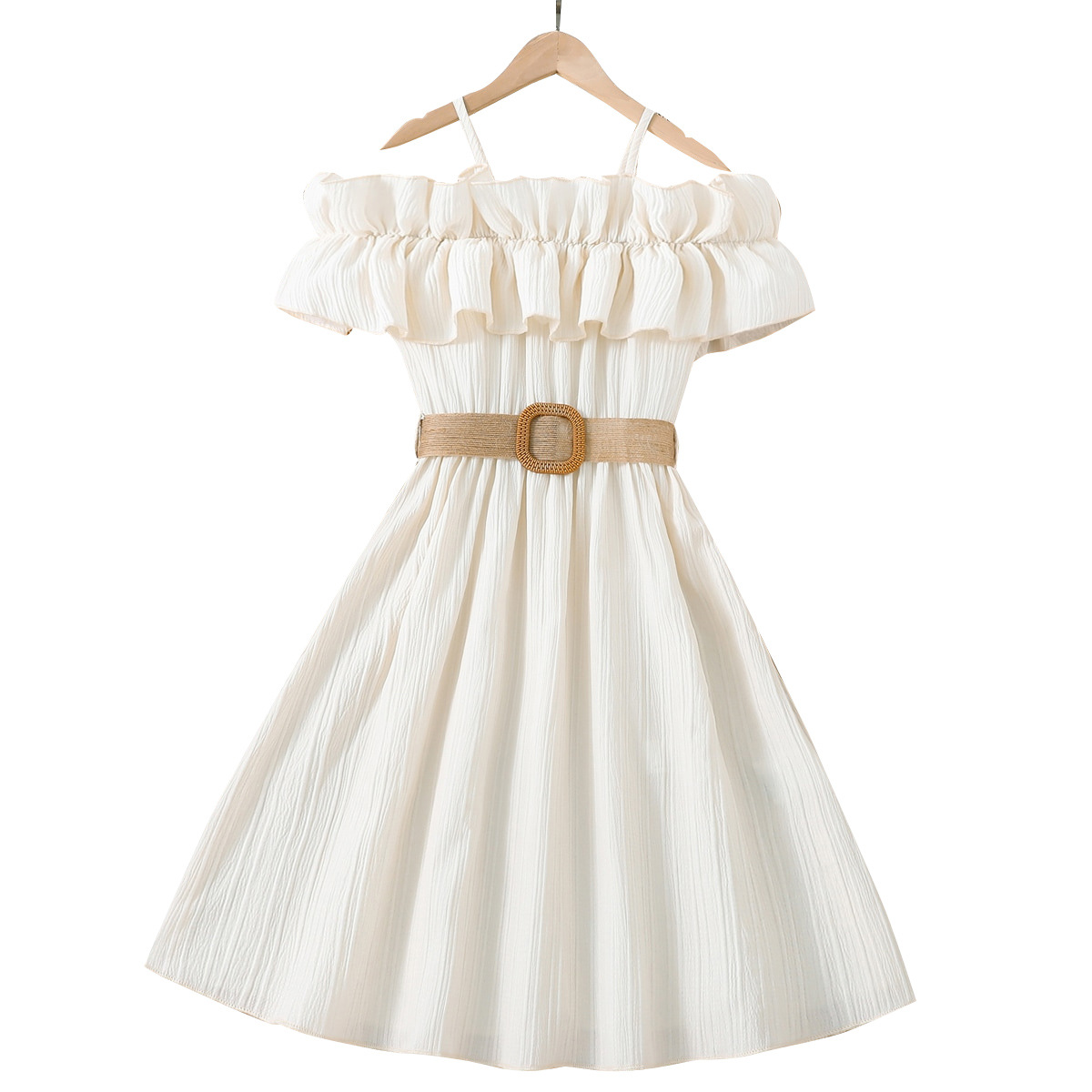 Falda de las niñas 2024 verano Comercio exterior estilo europeo y americano fuera-hombro Correa costura encaje estilo occidental niñas grandes niños vestido