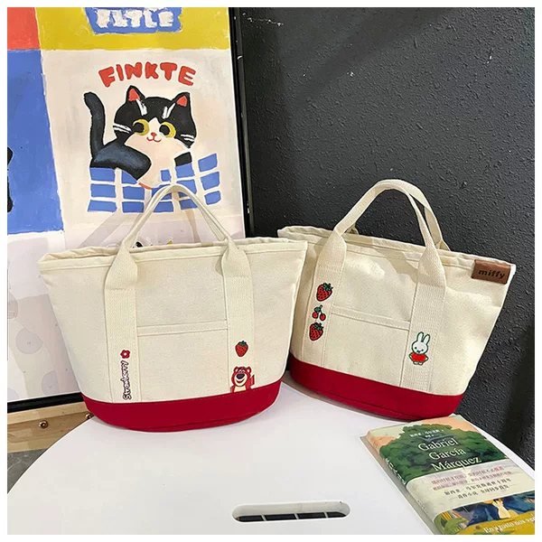 Cartoon Fashion Ins Style Cute Strawberry Bear Satchel Canvas Cosmetic Bag Large Capacity High-End Cosmetics Bag