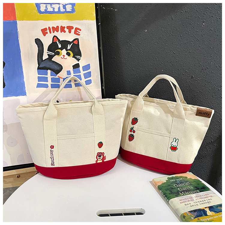 Cartoon Fashion Ins Style Cute Strawberry Bear Satchel Canvas Cosmetic Bag Large Capacity High-End Cosmetics Bag