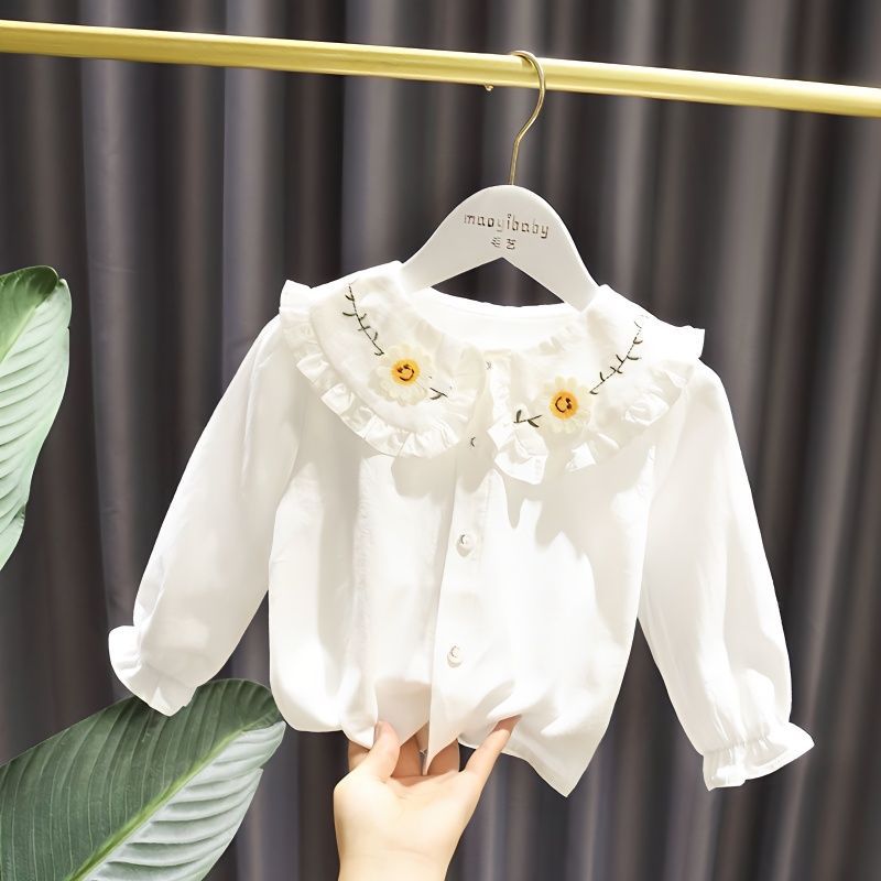Camisas de niñas de otoño 2025 mujeres bebés coreanos camisas de muñeca de manga larga primavera y otoño ropa extranjera camisa de niña pequeña tendencia