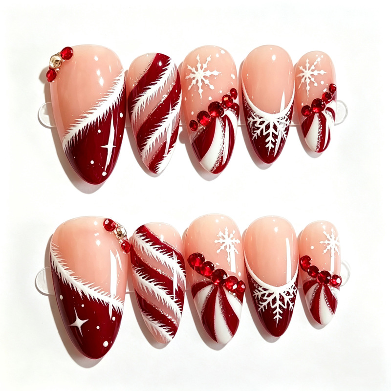 30 pieces of cross-border Christmas best-selling, sweet, sparkling, and fully embellished almond-shaped press-on nails with gold-plated snowflake French manicure designs, sold in bulk