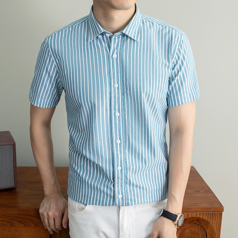 Counter Genuine 100% Pure Cotton Short-Sleeved Shirt Men's Striped Summer New Style Business Casual Breathable Oxford Shirt