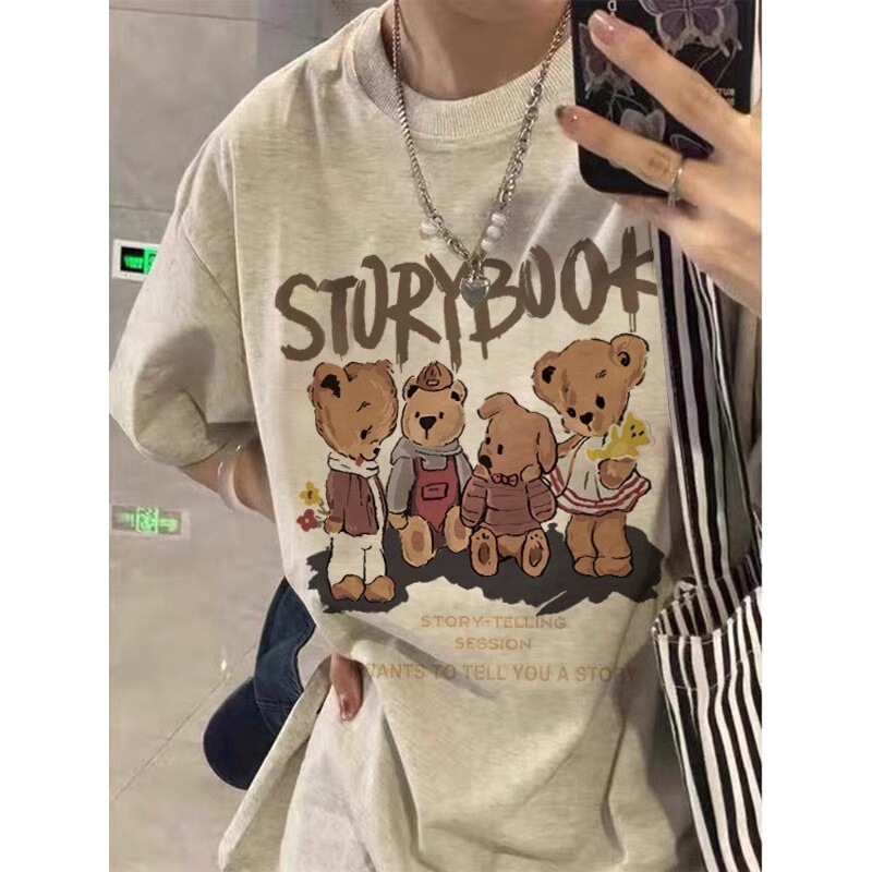European Size Cotton T-Shirt for Women, Bear Design, Sweet and Cool, Cute Cartoon Short-Sleeve Top, Loose Plus-Size American-Style T-Shirt, Retro Half-Sleeve