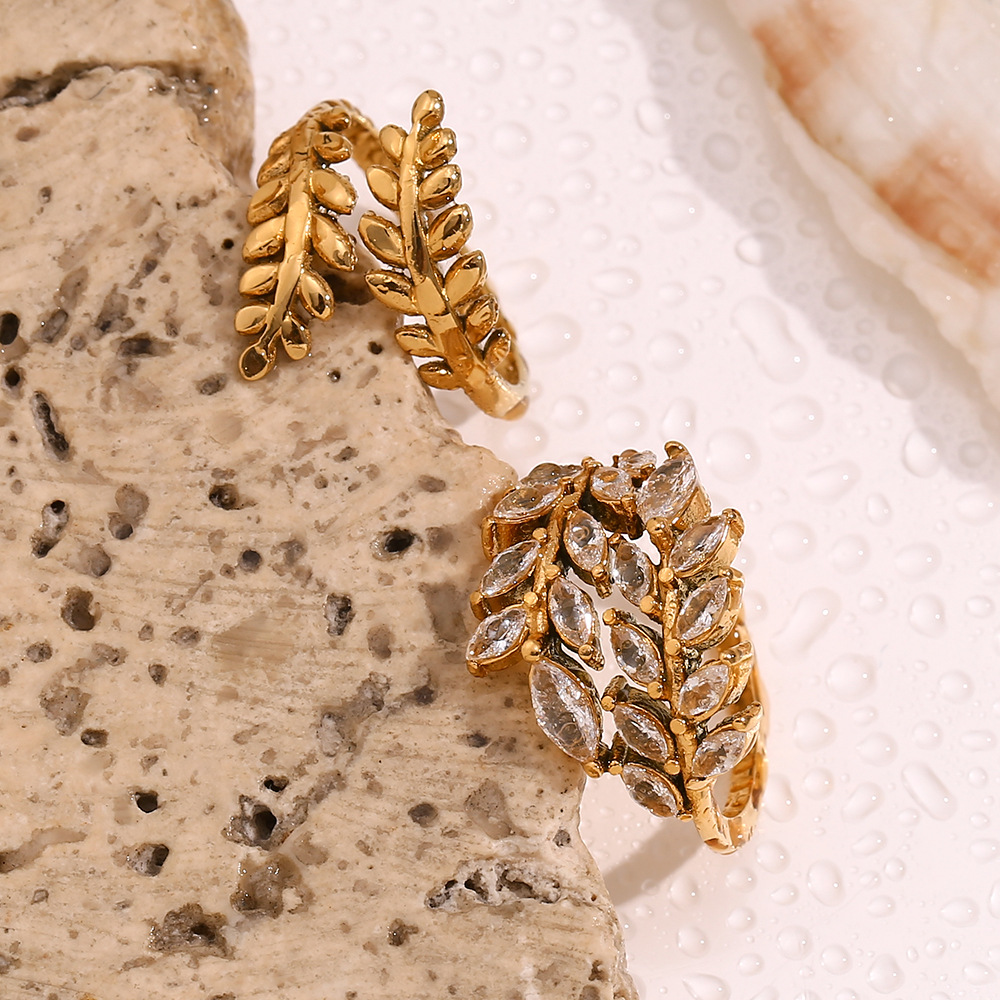 Diamond Inlaid Leaf Shape Stainless Steel Ring