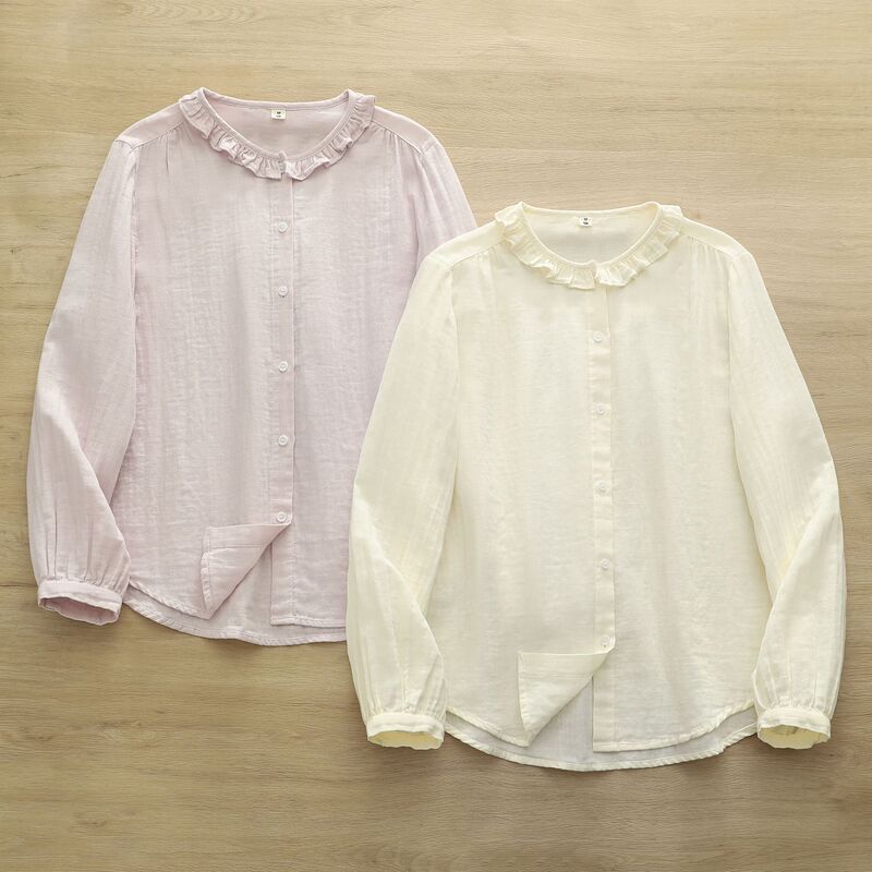Japanese-Style Sweet Lace Double-Layer Cotton Gauze Shirt for Women, Long-Sleeve Ruffled Lace Collar, Autumn Artistic Pure Cotton Base Shirt