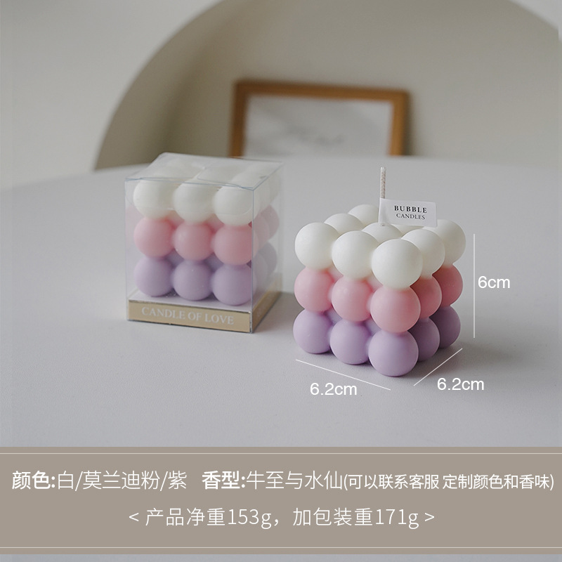 Velas de incienso de cubo de Rubik tricolor blancas / Morandi en polvo / moradas (aroma: origami y narciso)