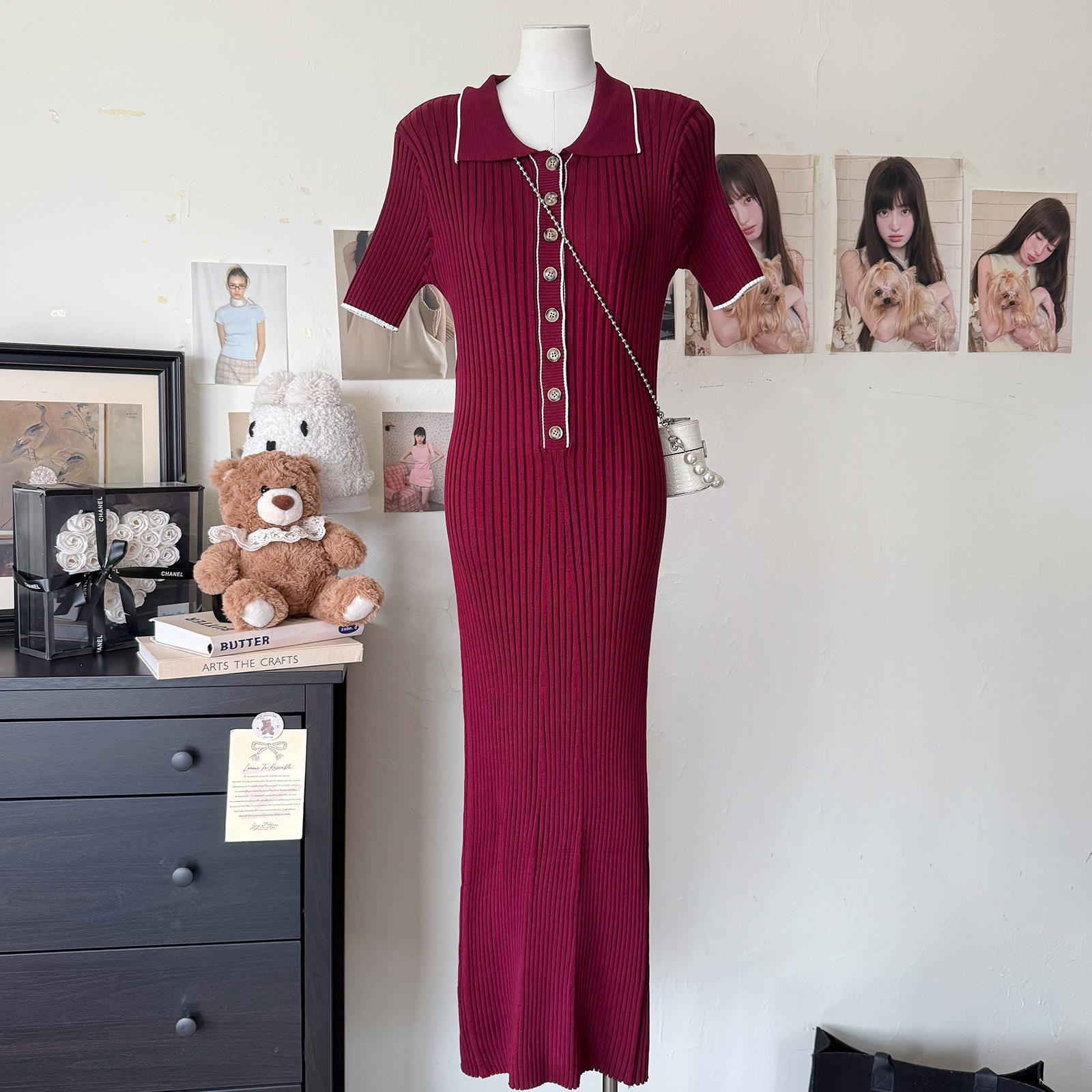 Women's Short-Sleeve Turn-Down Collar Knit Dress, Cross-Border 2025 Spring/Summer New European And American Style Ribbed_ecoleips.com