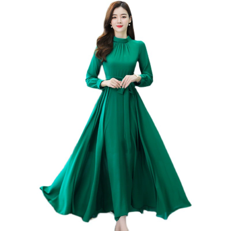 Fitted chiffon long‑sleeve maxi dress, spring beach style, S–4XL