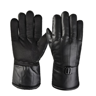 Winter Warm Leather Gloves, Windproof, Non-Slip, Water-Repellent, Men's Gloves with Fleece Lining, Enlarged for Outdoor Cycling, Featuring National Style Embroidery