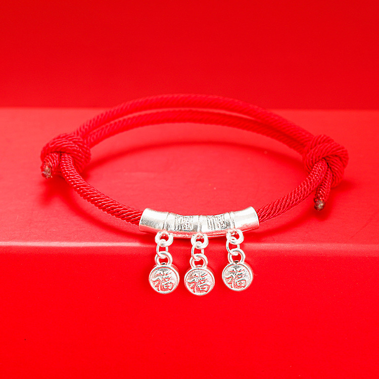 999 Foot Silver Fortune Baifu Elbow Sterling Silver Bracelet Red Rope Women's Simple Benmingnian Transfer Bell Elbow Hand Rope