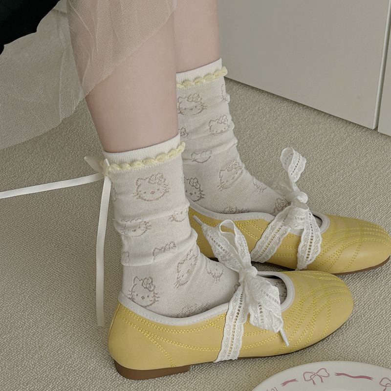 Spring Colors, Fairy-Like Streamers, Bows, Cute Kitty Cotton Mid-Calf Women's Socks, Spring and Summer College Lolita Style
