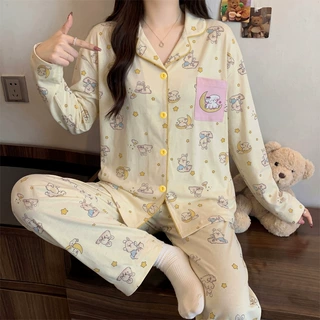 可爱风兔子纯棉睡衣女春秋款长袖薄款棉质学生休闲家居服套装批发
