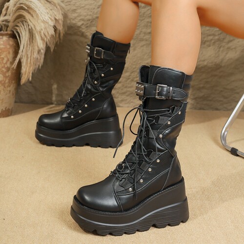 New wedge-style European and American plus-size dark-colored versatile chic punk-style chunky-sole personalized fashion boots