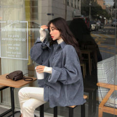 现货 韩国chic秋季法式复古百搭单排扣翻领款灯芯绒衬衫长袖女潮