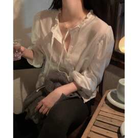 已出货尺码更新韩国chic初秋新款木耳边可叠搭百搭长袖衬衫上衣女