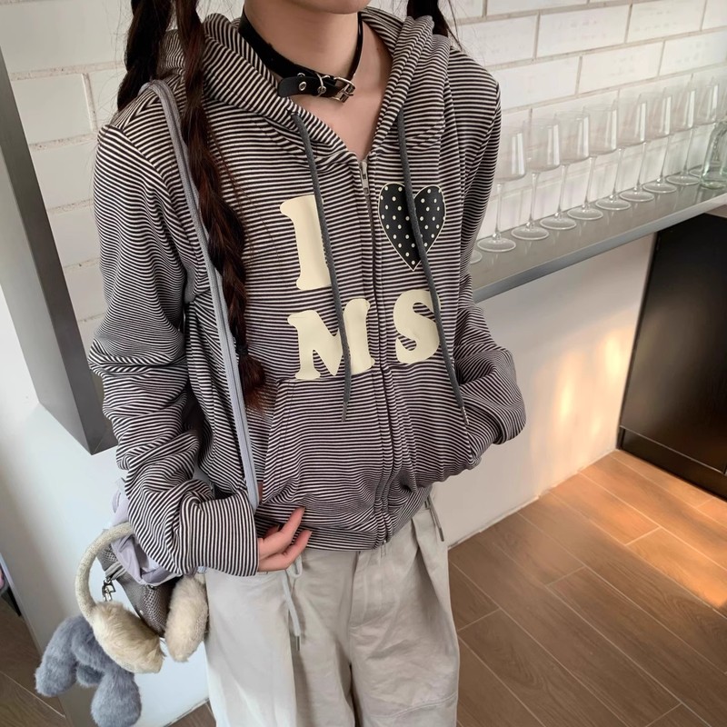小唧煲美式复古爱心条纹连帽卫衣女秋季新款设计感宽松开衫外套|undefined