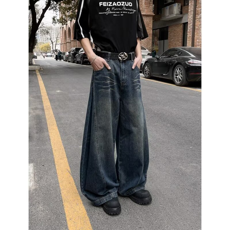 水洗猫须阔腿弯刀牛仔裤男女宽松美式设计垂感解构松弛感裤子