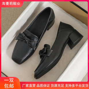 Genuine Leather Small Leather Shoes for Women 2025 Autum British Style Black Beanie Soft Sole Mid-Heel Loafers Comfortable Work Shoes