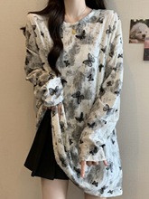 中长款遮屁股长袖T恤女早秋大码胖mm显瘦独特别致扎染蝴蝶结上衣