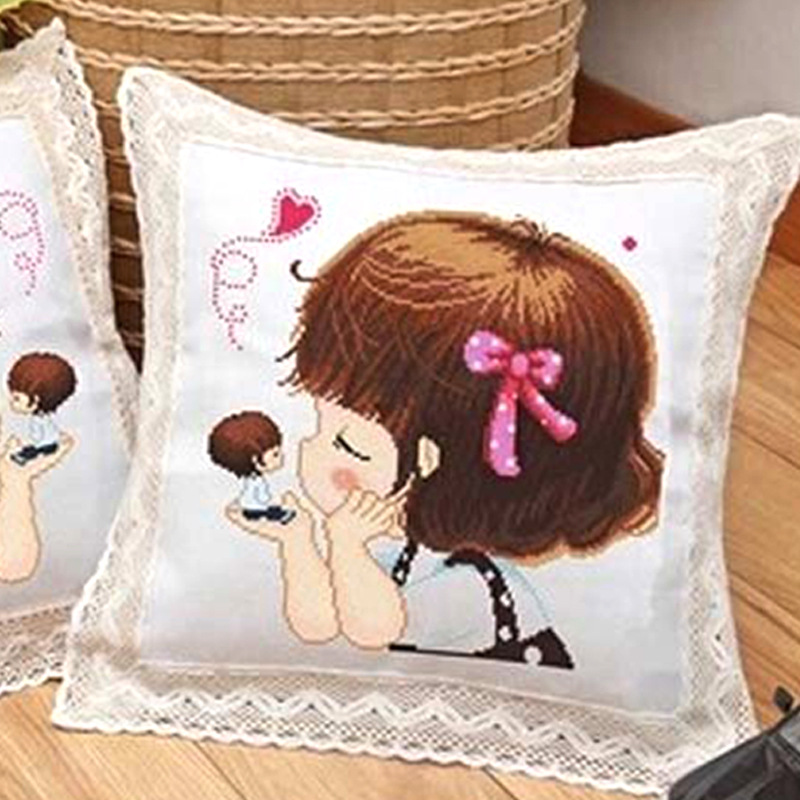Bordado DIY punto de cruz almohada hecha a mano sala de estar almohada cojín de la boda Lu Bordado pareja de dibujos animados impreso almohada Coche