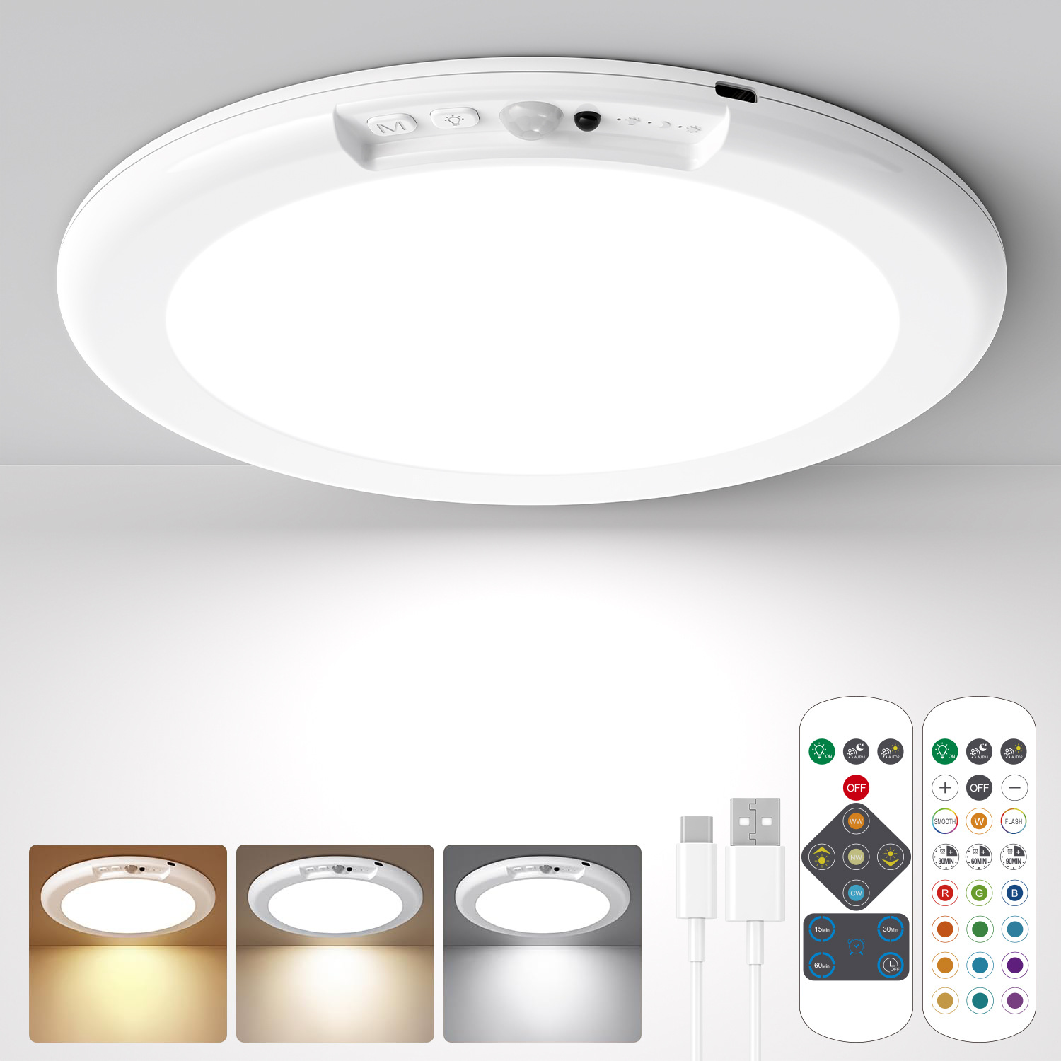 充电免布线人体感应吸顶灯 LED楼道楼梯过道仓库家用感应灯