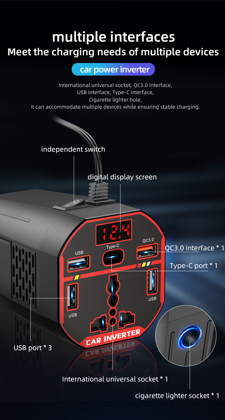 Ac Car Charger 12V24V to 220V High-Power Inverter Car Power Supply Cigarette Lighter Converter