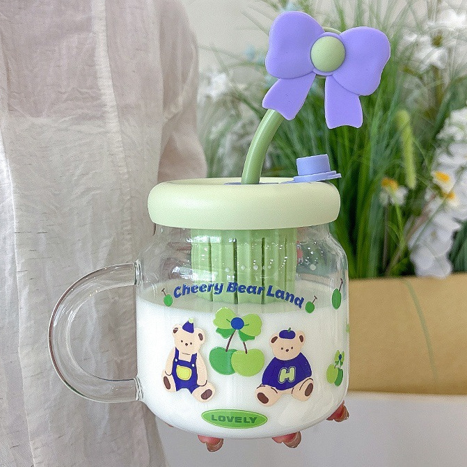 Taza de agua de vidrio resistente a altas temperaturas para niñas, flores lindas de alto valor, corazón de niña, taza de separación de té de oficina