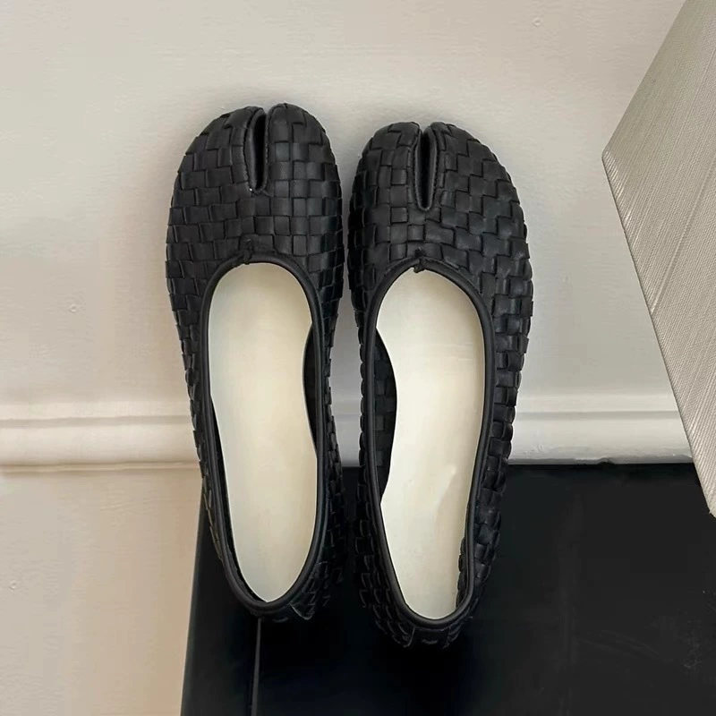 Версия из овчины ~ Осенние новые тканые туфли с плоскими пальцами свиные рысаки женские кожаные корейские дикие балетные туфли