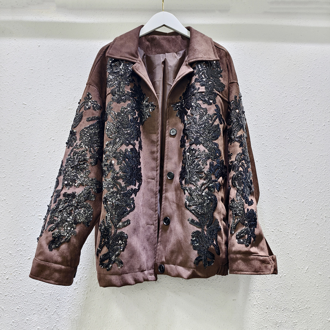 European goods top women's 2025 new cool Sa wind heavy industry sequins embroidered motorcycle clothing deerskin velvet jacket coat fashion brand