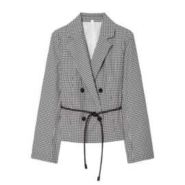 速卖通批发春季新款女装百搭格纹双排扣配腰带西装外套2469631