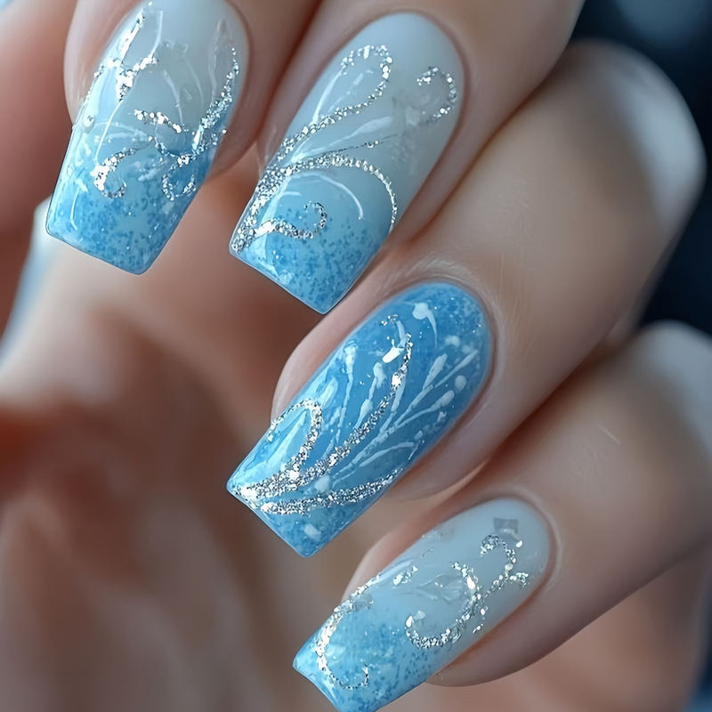 24Pcs Ice Blue Clear Blue Silver Glitter Line Art Manicure Suitable for Event Wear Nails Removable Manicure Press 24Pcs Ice Blue Clear Blue Silver Glitter Line Art Manicure Suitable for Event Wear Nails Removable Manicure Press