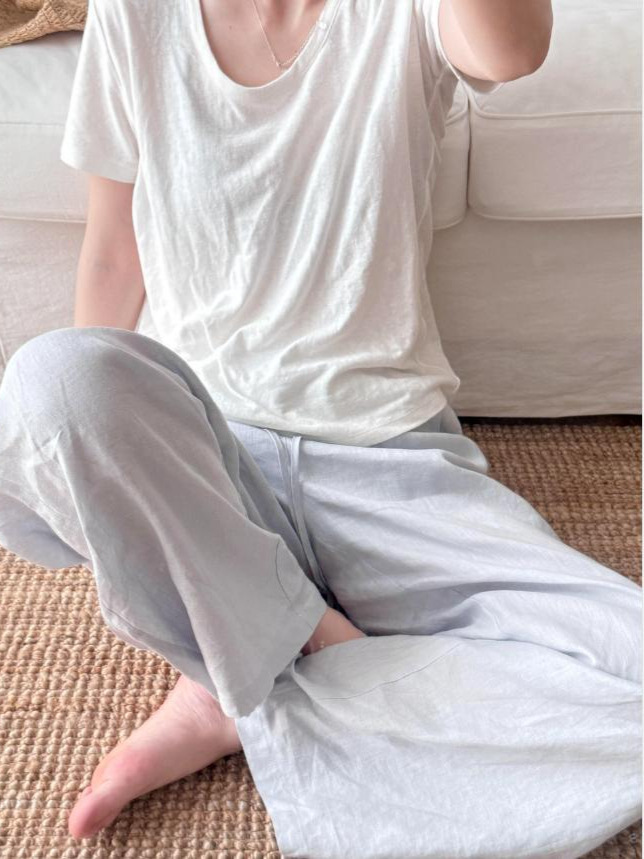 Quần ống rộng vải lanh phối sợi cotton dáng suông rủ nhẹ phong cách lão tiền — màu hồng, Xanh da trờicolor