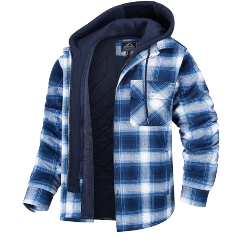 2023 Comercio exterior ropa popular de los hombres europeos y americanos de otoño e invierno engrosada abrigo de algodón acolchado Plaid manga larga chaqueta con capucha suelta chaqueta