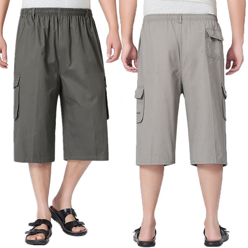 Middle-Aged and Elderly Men's Summer Pants, Men's Casual Cotton Shorts, Loose Multi-Pocket Cargo Pants, Men's Beach Pants