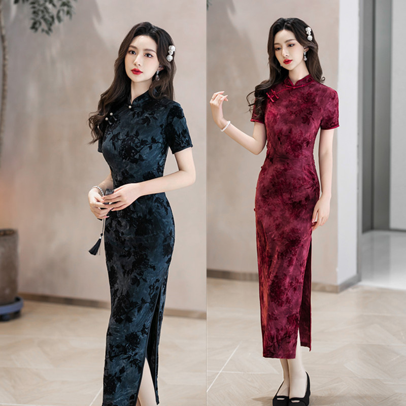 2025 Spring/Summer New Tie-Dye Velvet Long Cheongsam Elegant Improved Old Shanghai Style Cheongsam Dress