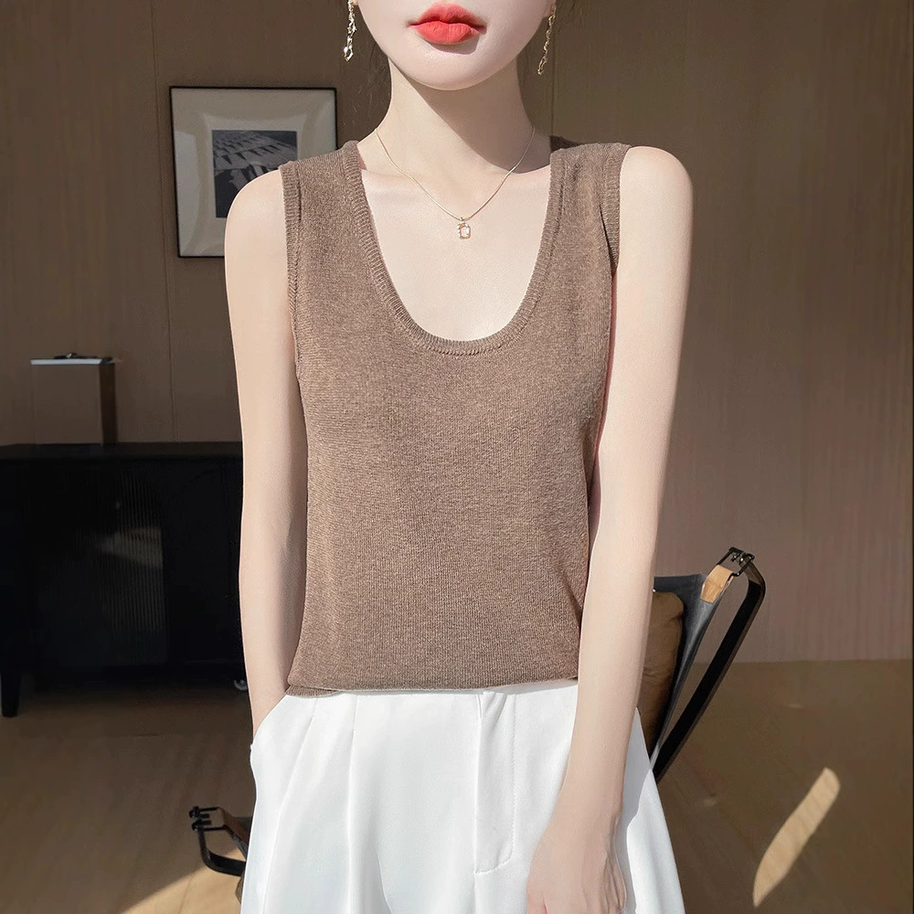 Летняя новая имитация U-образного воротника трикотажный жилет без рукавов женская свободная пуловера дикая футболка с короткими рукавами топ