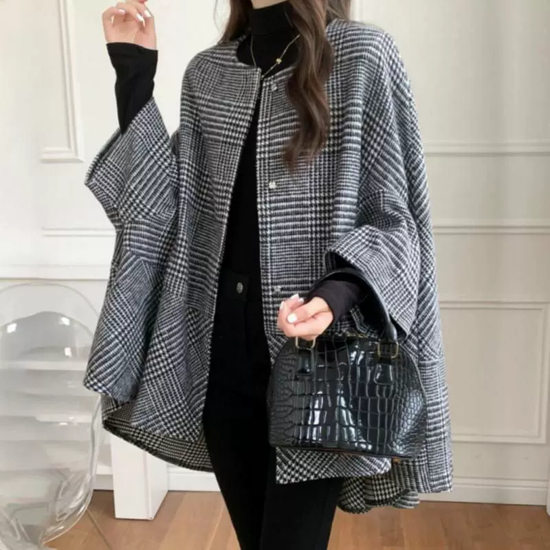 中长款开衫圆领格子外套斗篷女2023秋冬新款韩版时尚潮流大衣女