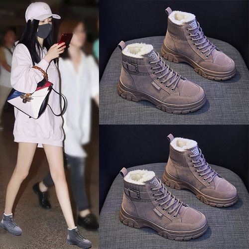 2025 Winter New Korean Style Fleece Lederhosen for Women Students, Warm and Cozy Cotton Shoes, Street Style Insta, Thick Short Boots 2175