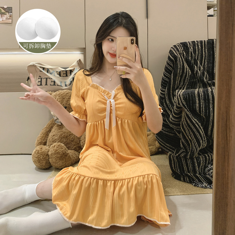 Verano 2025 pijama de mujer dopamina de color sólido imitación de algodón agujero plegado pijama rodilla ropa de hogar con cojín de pecho