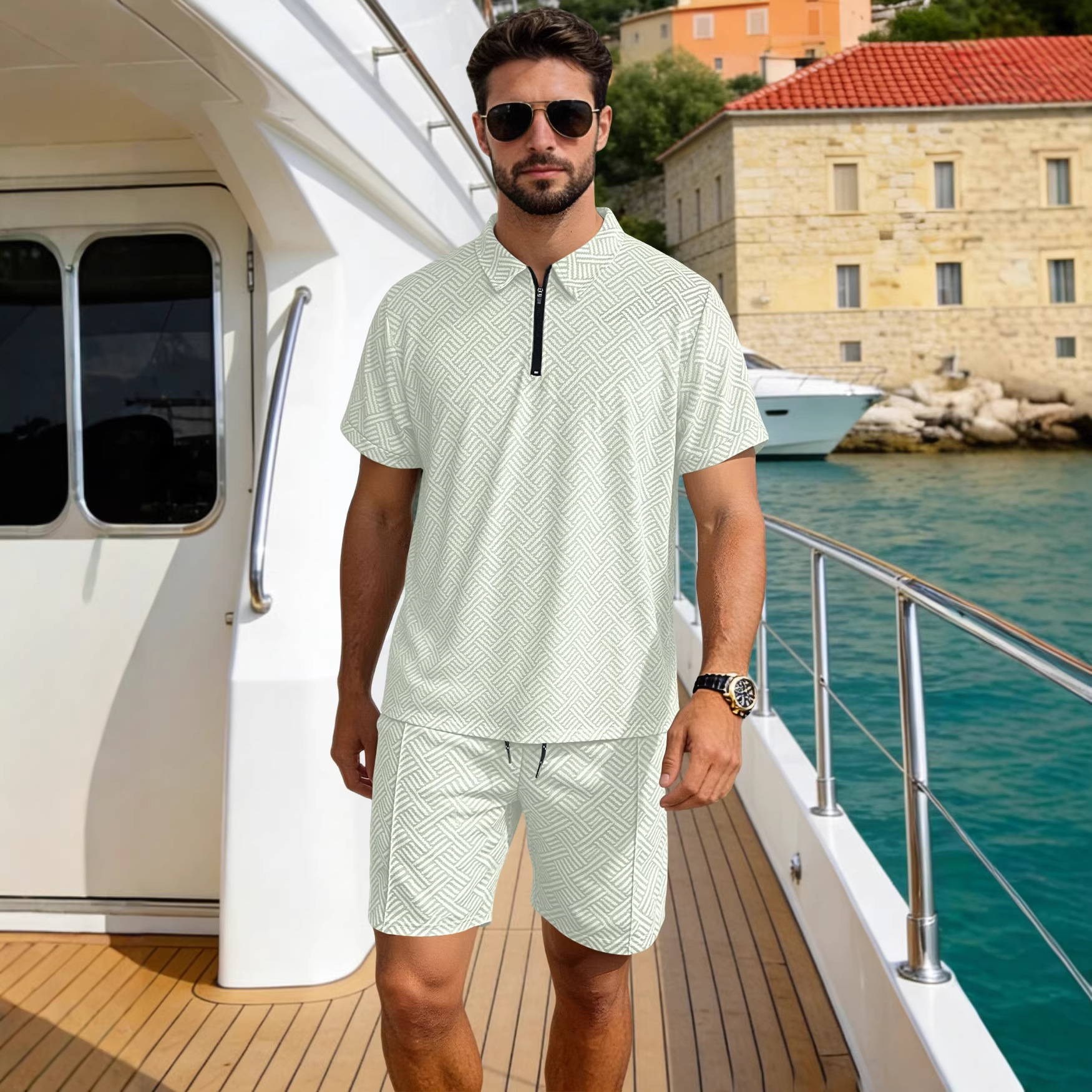 Verano transfronterizo nuevo hombre venta de cremallera manga corta polo vacaciones ocio comercio exterior manga corta set