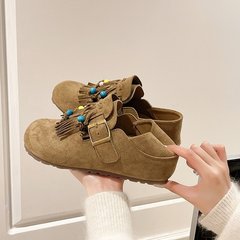 森女风串珠流苏博肯拖鞋女秋懒人外穿一脚蹬包头拖鞋轻便厚底半拖