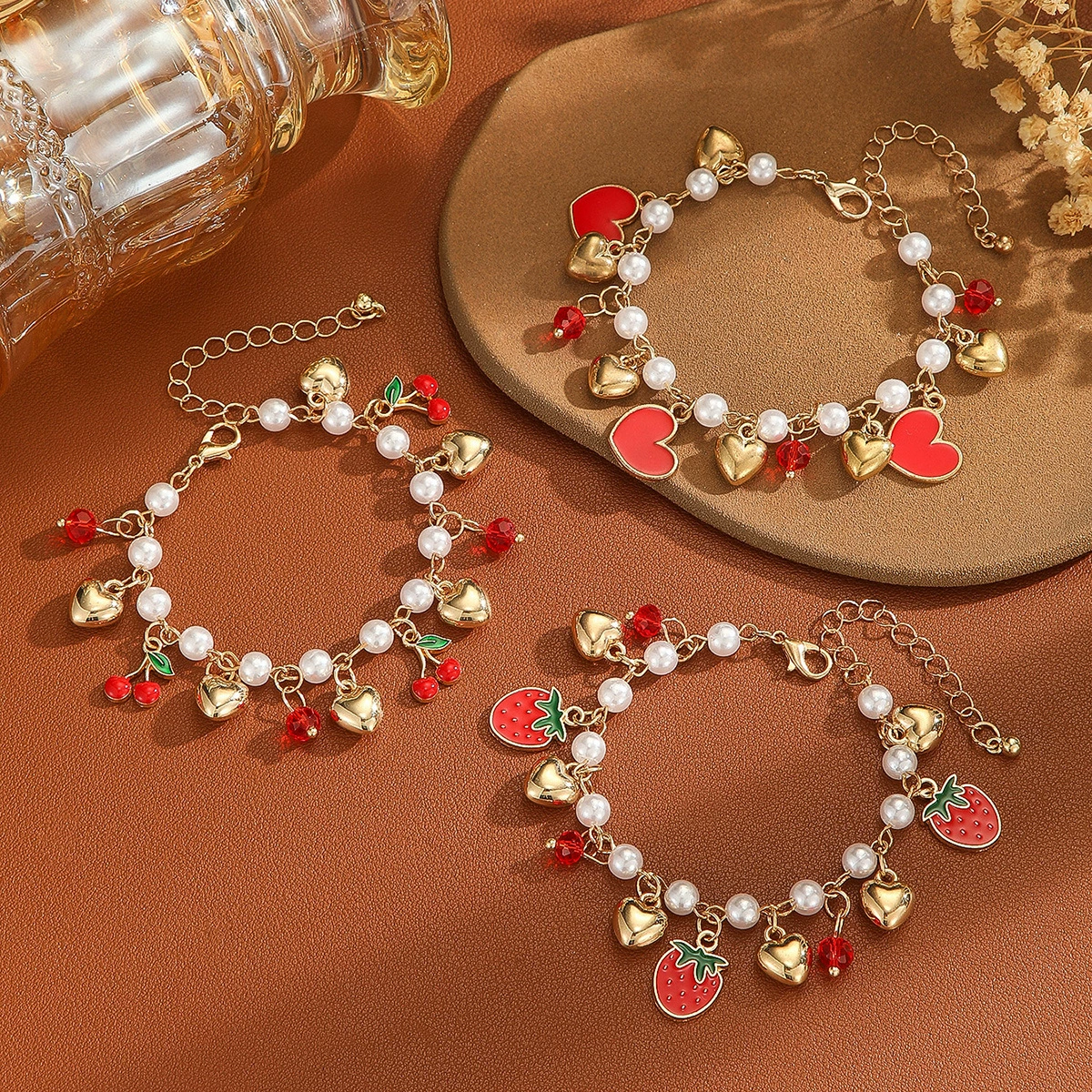 Европейский и американский трансграничный браслет из сладкого жемчуга, универсальный кристалл, вишня, клубника, сердце, ниша, простые регулируемые украшения для рук