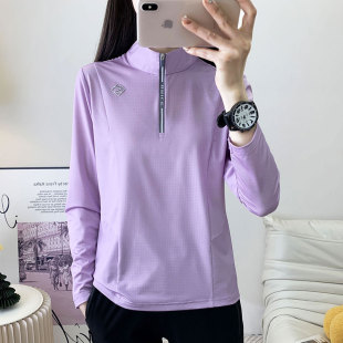 25C102 New Women Half Zip Outdoor Sports Long Sleeve T-shirt Base Shirt Casual Loose Quick-drying T-shirt Running