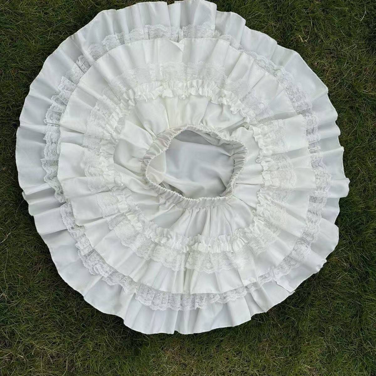 Sweet White Puffy Cake Skirt, High-Waist Pleated Lolita Half Skirt, Polyester — detail image 4