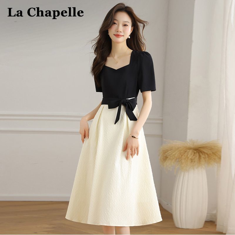 拉夏贝尔法式拼接连衣裙女2024年夏季新款气质收腰显瘦小个子长裙