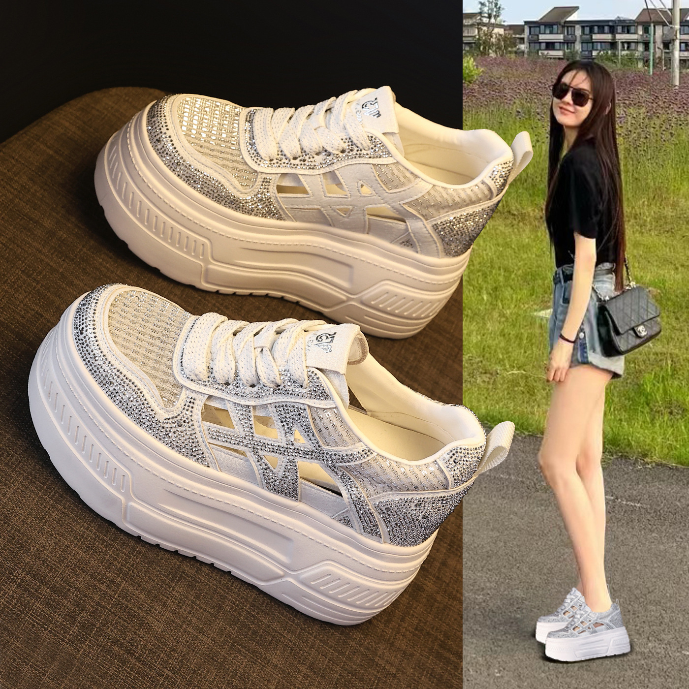 Giày sneaker nữ đế dày tăng chiều cao, phối đá rhinestone, lưới thoáng khí — màu trắng