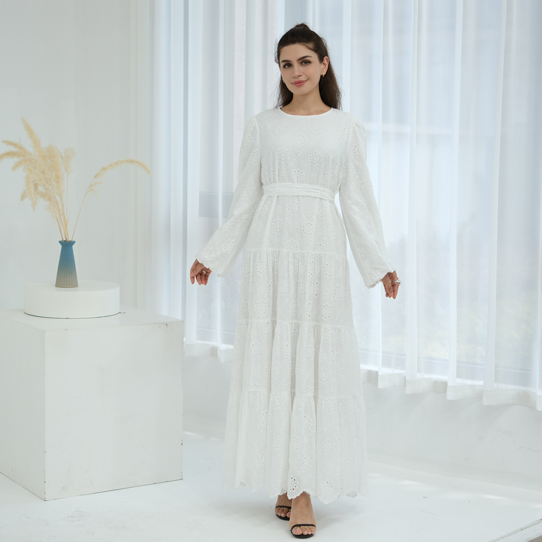 Voya Women's Eyelet Embroidered Maxi Dress-Long Sleeve Tiered Beach Dress With Scallop Hem-Boho Casual Summer Dress, For Holiday, Wedding Guest & Daily_ecoleips.com